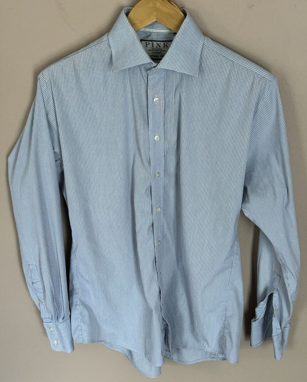 Thomas Pink Mens Long Sleeve Button Down Blue Fine Striped Shirt Large